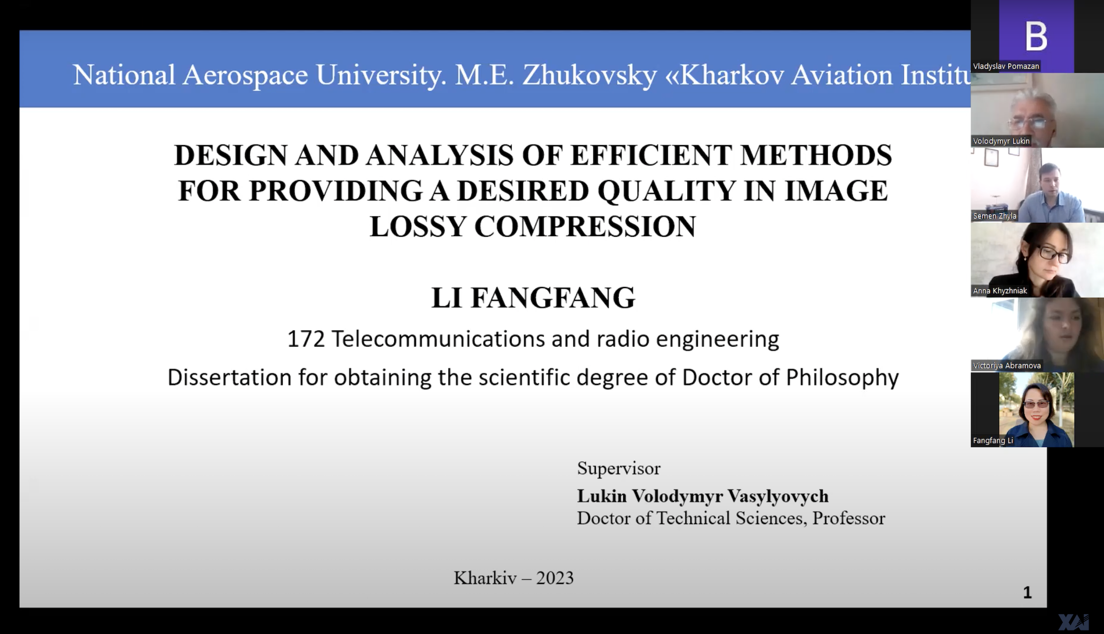the public defense of Li Fangfang's dissertation on the topic "Design and analysis of efficient methods for providing a desired quality in image lossy compression"